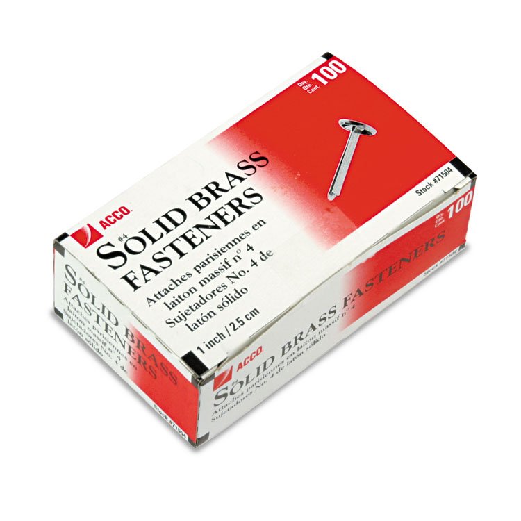 ACCO #4 Brass Prong Paper Fasteners, 1" Capacity, Brass, 100/Box (ACC71504)