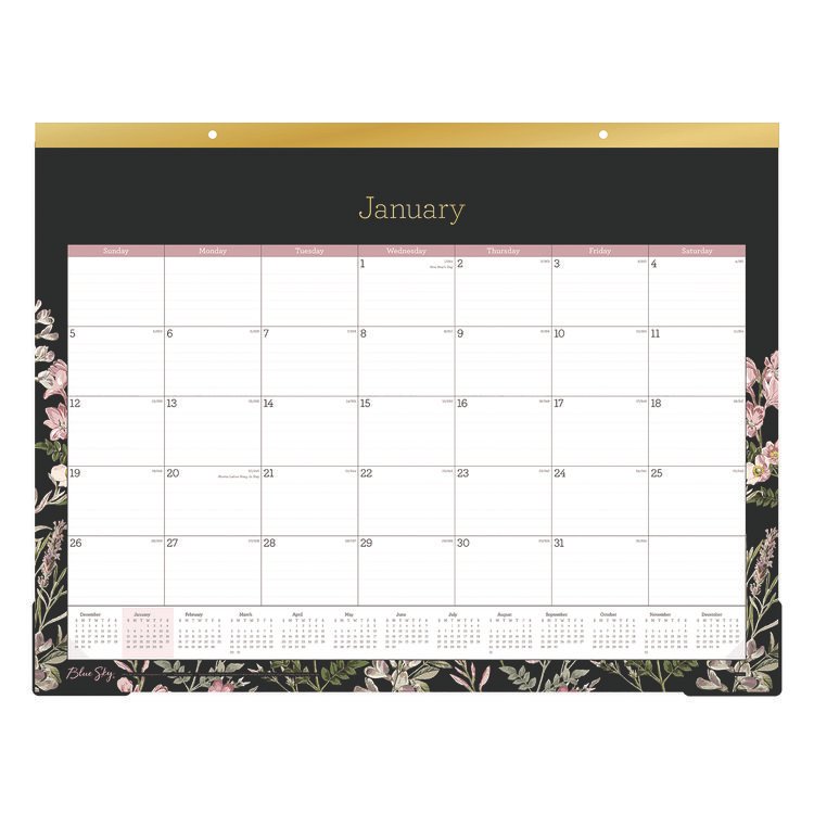 Blue Sky Neveah Monthly Desk Pad Calendar, Floral Artwork, 22" x 17", White/Black/Pink Sheets, Gold Headband, 12-Month (Jan-Dec): 2026 (BLS148629)