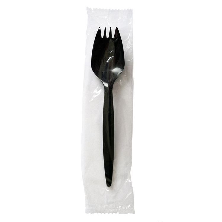 Boardwalk Mediumweight Wrapped Polypropylene Cutlery, Spork, Plastic, Black, 1,000/Carton (BWKSPORKBLPPIW)