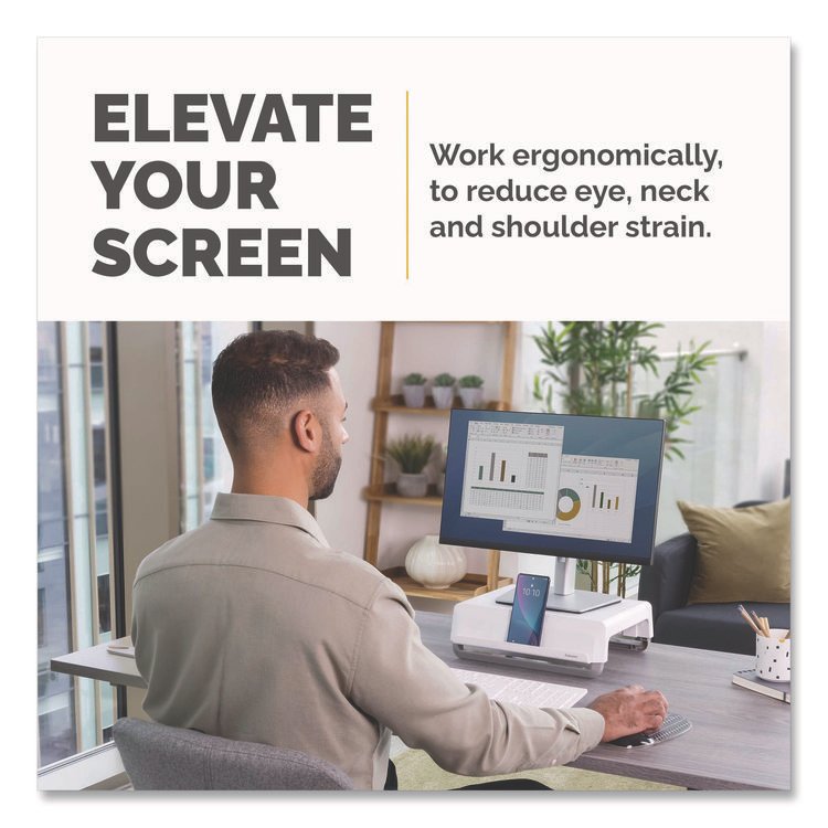 FELLOWES MFG. CO. Breyta Monitor Stand, 13.94" x 11.97" x 3.25" to 6", White, Supports 33 lbs (FEL100098565)