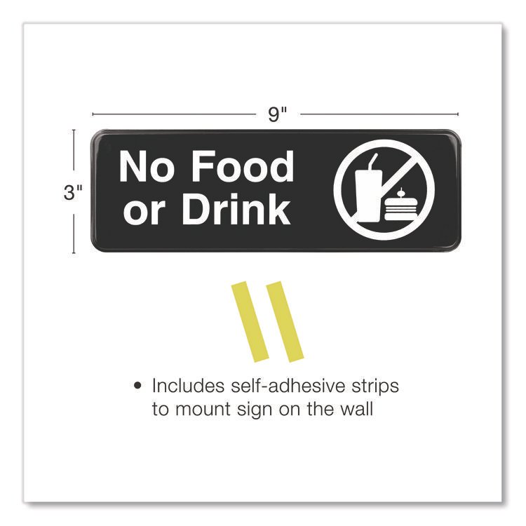 EXCELLO GLOBAL PRODUCTS No Food or Drink Wall Sign, 9" x 3", Black Face, White Graphics, 3/Pack (EXOEGPHD0267S)