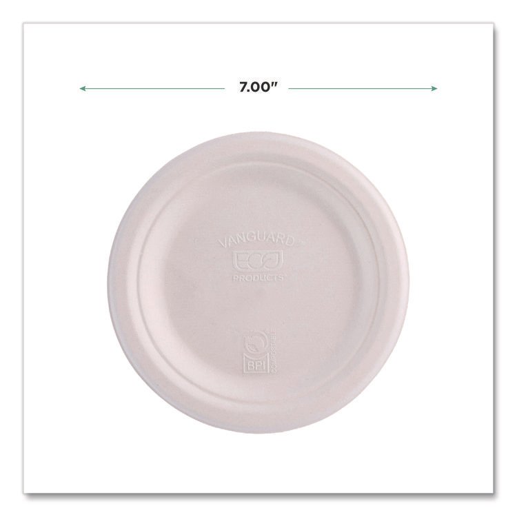 ECO-PRODUCTS,INC. Vanguard Renewable and Compostable Sugarcane Plates, 7" dia, White, 1,000/Carton (ECOEPP011NFA)