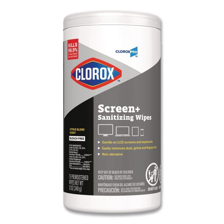 CLOROX SALES CO. CloroxPro ScreenPlus Screen Sanitizing Wipes, 6 x 8, Citrus Blend, White, 75/Canister, 6 Canisters/Carton (CLO60724CT)