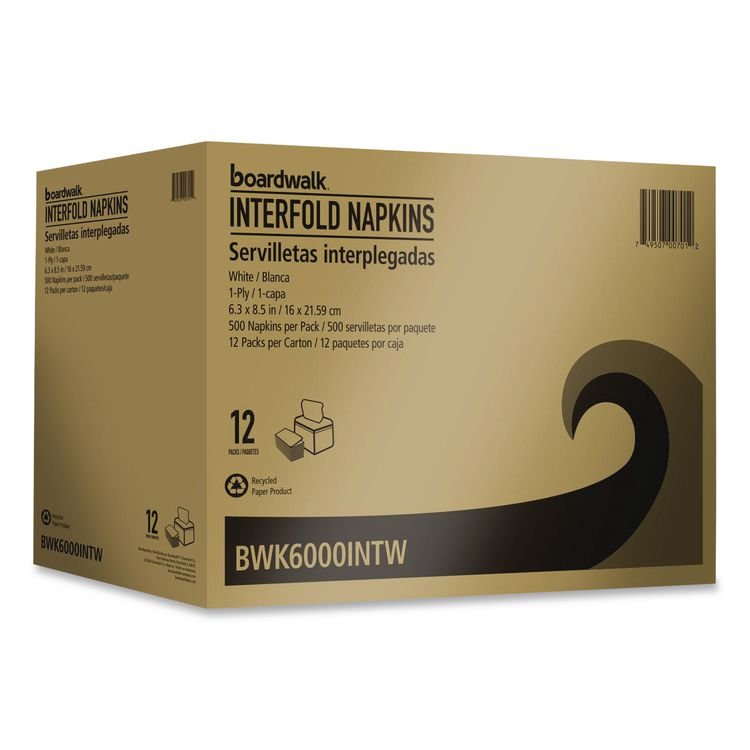 BOARDWALK Interfold Napkins, 1-Ply, 8.8 x 6.3, White, 500/Pack, 12 Packs/Carton (BWK6000INTW)