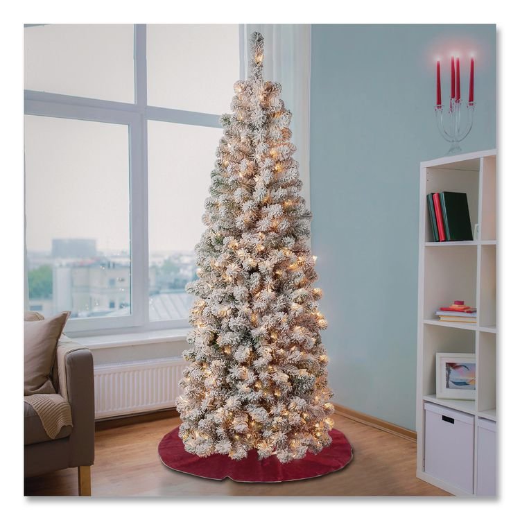 NATIONAL TREE COMPANY Pre-Lit Acacia Flocked Slim Tree, 24" x 24" x 70.8", Green Tree, Green Tree Stand (NTTAC10030460F)