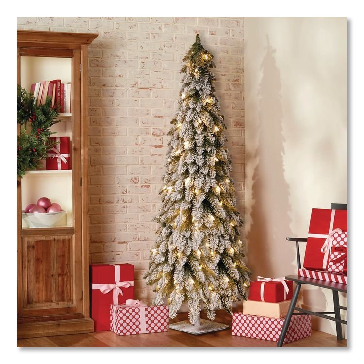 NATIONAL TREE COMPANY Pre-Lit Snowy Downswept Forest Slim Tree, 19" x 19" x 60", Green Tree, White Square Metal Plate (NTTFTDF160ALO)