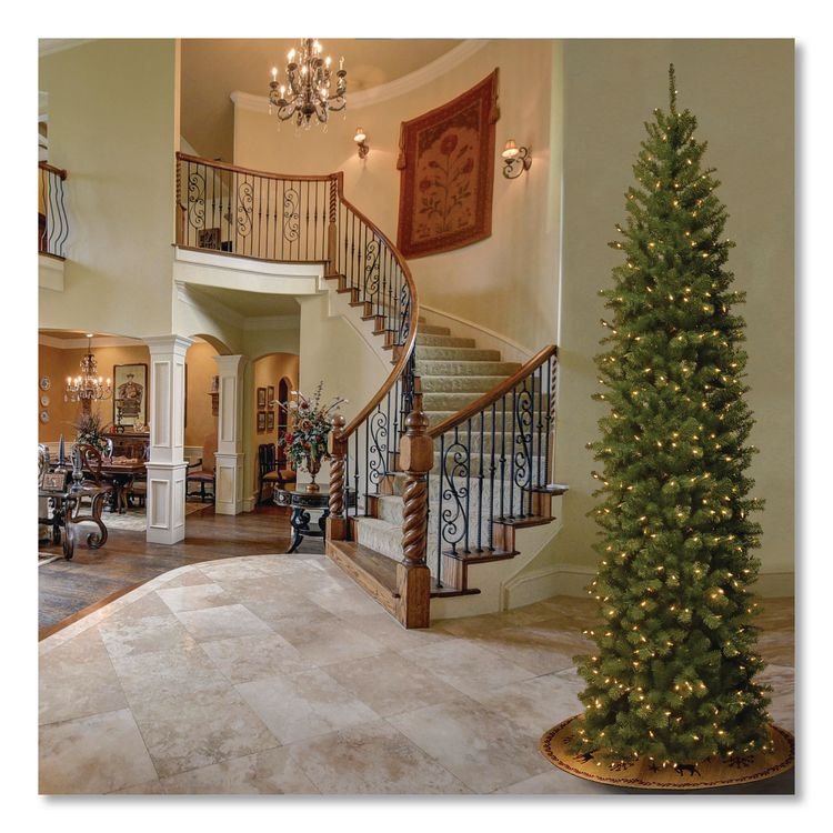 NATIONAL TREE COMPANY Pre-Lit North Valley Spruce Pencil Slim Tree, 40" x 40" x 108", Green Tree, Green Tree Stand (NTTNRV735890)