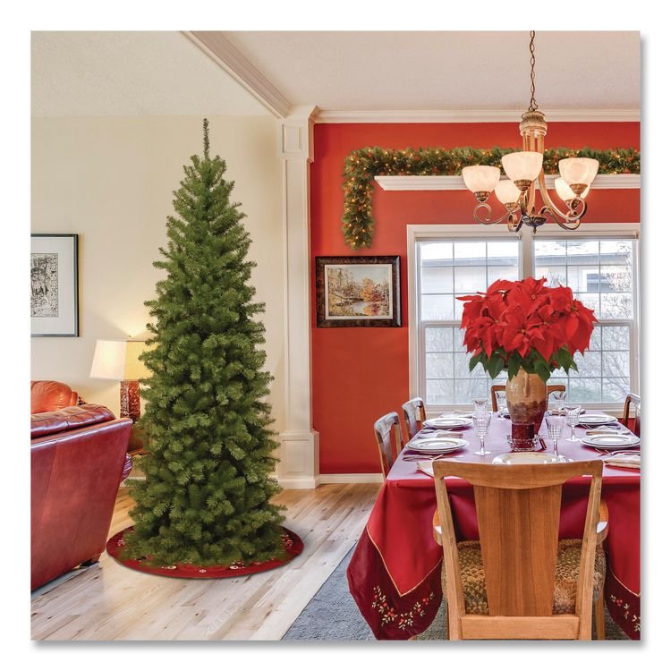 NATIONAL TREE COMPANY North Valley Spruce Pencil Slim Tree, 32" x 32" x 90", Green Tree, Green Tree Stand (NTTNRV750575)
