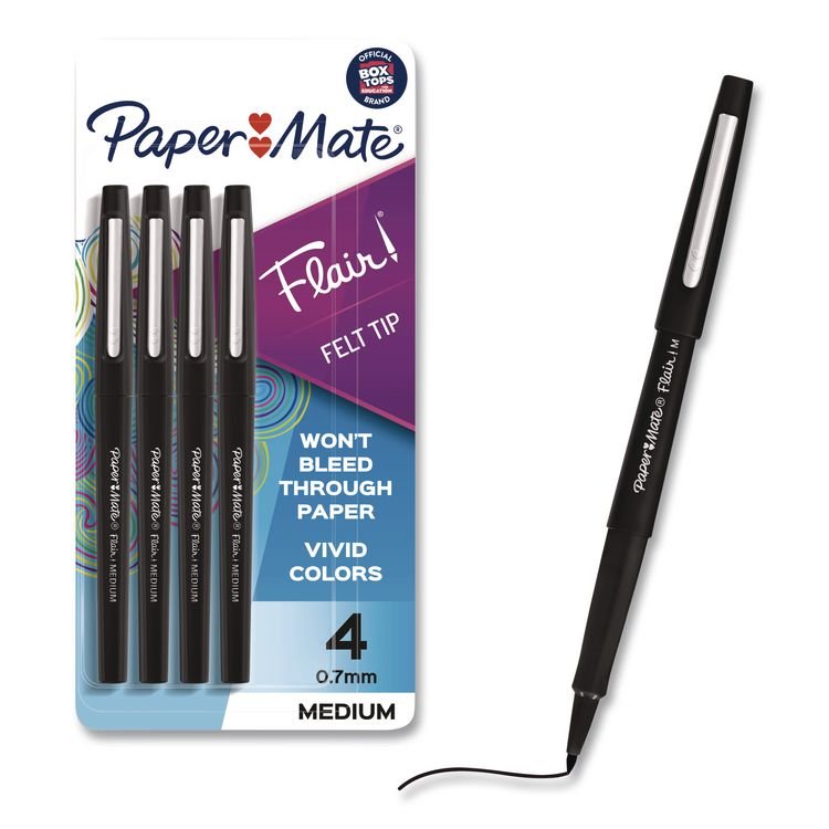 SANFORD Flair Felt Tip Porous Point Pen, Stick, Medium 0.7 mm, Black Ink, Black Barrel, 4/Pack (PAP8434452PP)