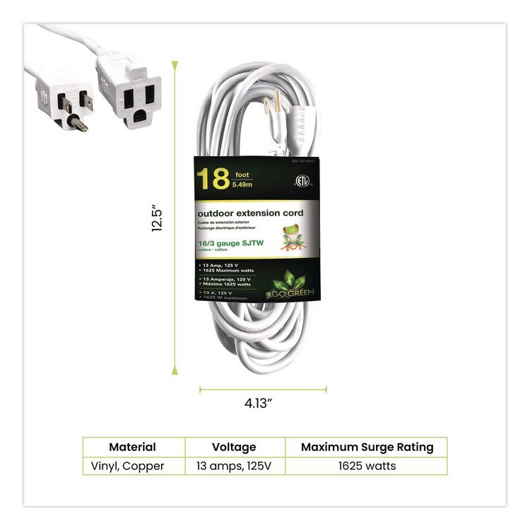 GOGREEN POWER 16 AWG Outdoor Extension Cord, 18 ft, 13 A, White (GGPGG13718WH)