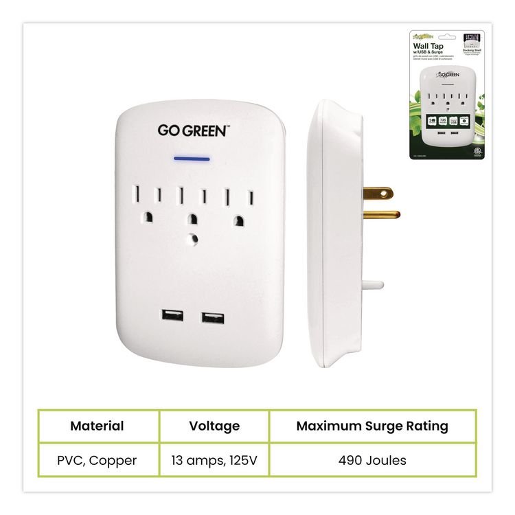 GOGREEN POWER 3 Outlet 2 USB Wall Tap, 735 J, White (GGPGG13000USB2)