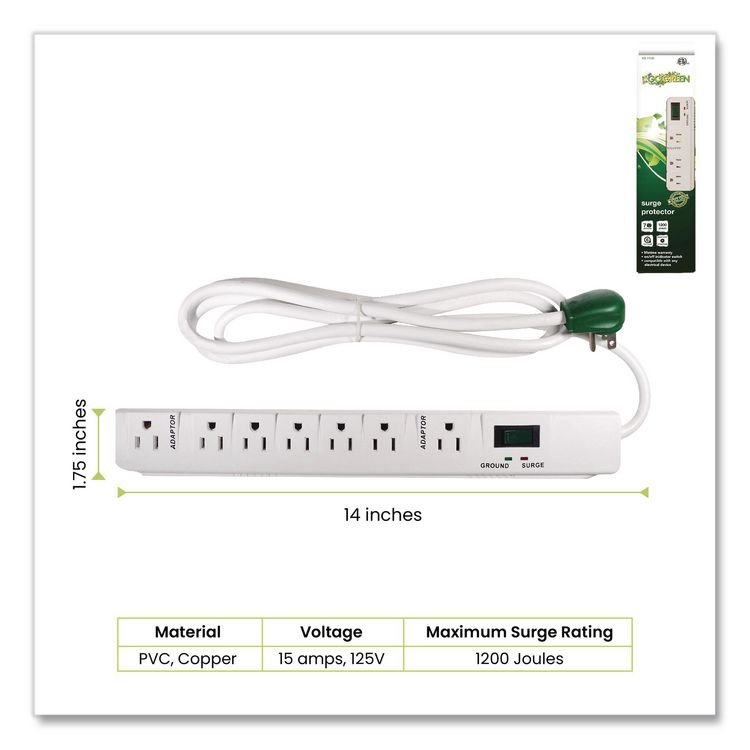 GOGREEN POWER 7 Outlet Surge Protector, 6 ft Cord, 1,200 J, White (GGPGG17636)