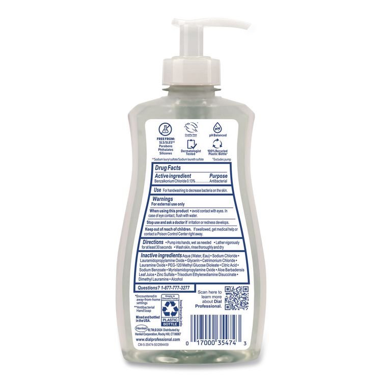 DIAL PROFESSIONAL Antibacterial and Sensitive Fragrance-Free Liquid Hand Soap, Unscented, 11 oz Pump Bottle (DIA35476EA)