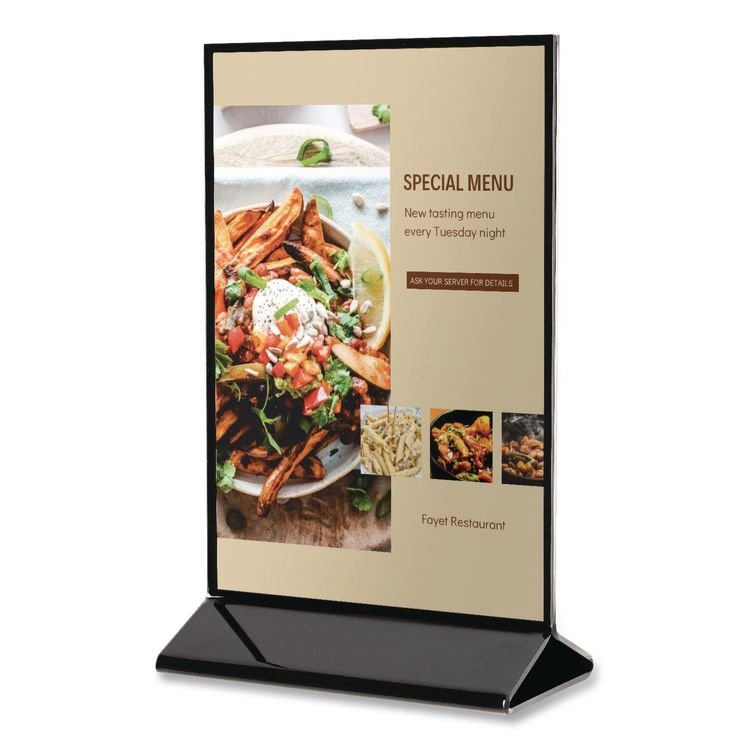 DEFLECTO CORPORATION Tabletop Sign and Menu Holder, 8.5 x 11 Insert, Clear with Black Frame (DEF4430)