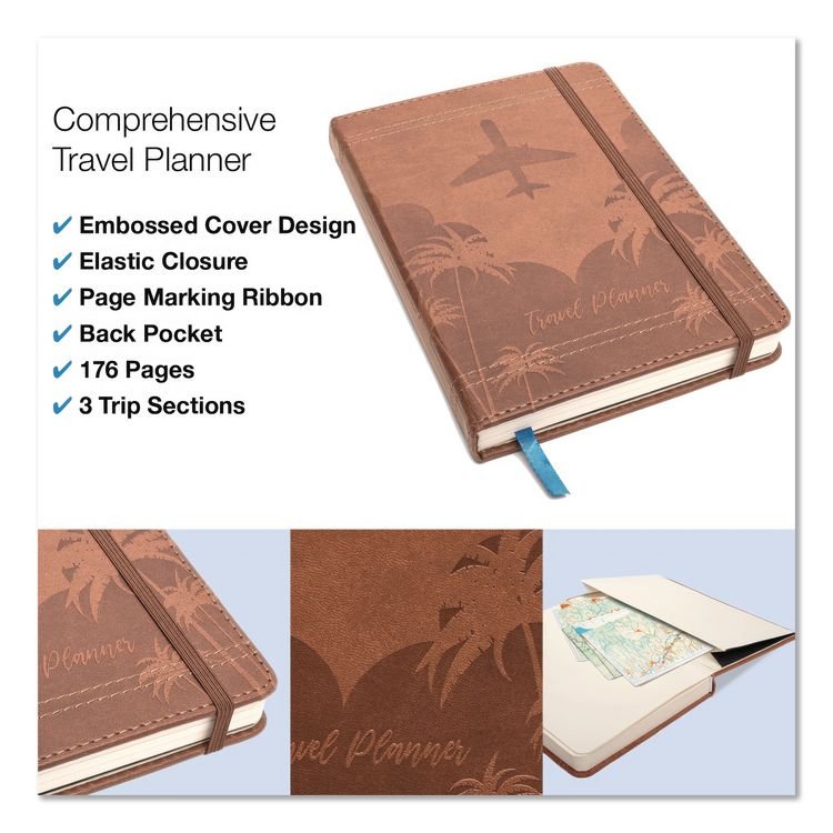 EXCELLO GLOBAL PRODUCTS Travel Planner, Three Two Week Trips: 14 Subsections/Trip, Tropical Flight Artwork, 7 x 5, Distressed Brown Cover, Undated (GPUGPP0119A)