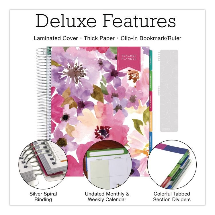 EXCELLO GLOBAL PRODUCTS Deluxe Spring Floral Undated Weekly/Monthly Teacher's Lesson Planner, 7 Classes, Multicolor Cover, 11 x 8.5, 52-Week Span (GPUNADUNDTP30)