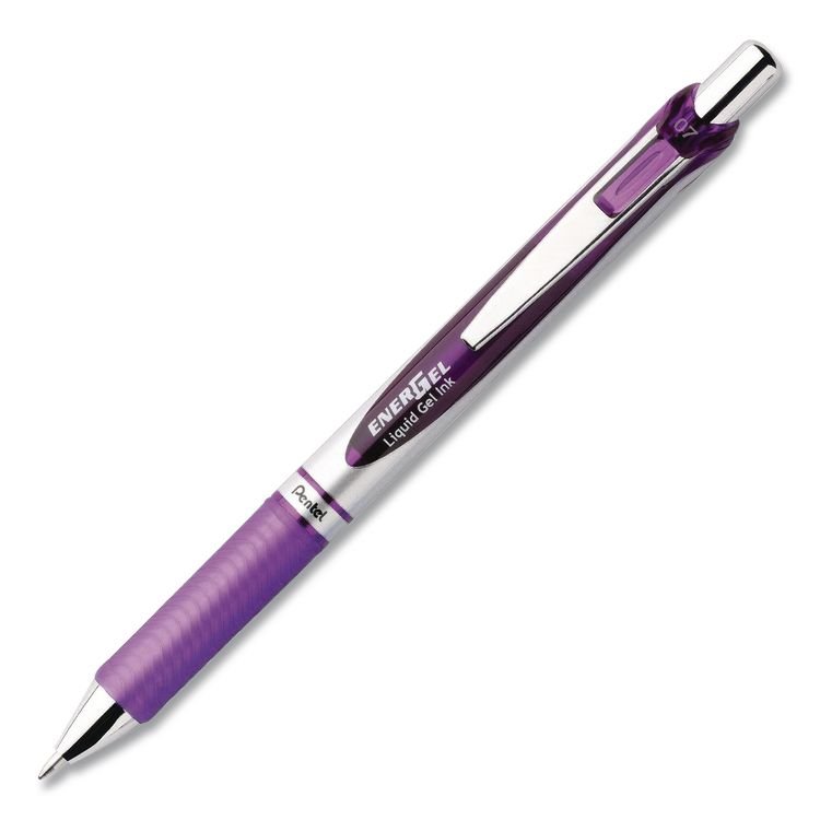 PENTEL OF AMERICA EnerGel RTX Deluxe Gel Pen, Retractable, Medium 0.7 mm, Violet Ink, Silver/Violet Barrel, Dozen (PENBL77VDZ)