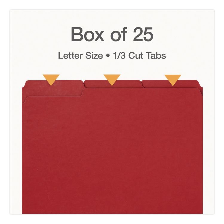 TOPS BUSINESS FORMS Recycled Colored File Folders, 1/3-Cut Tabs: Assorted, Letter Size, 1" Expansion, Red, 25/Box (PFX1007010)
