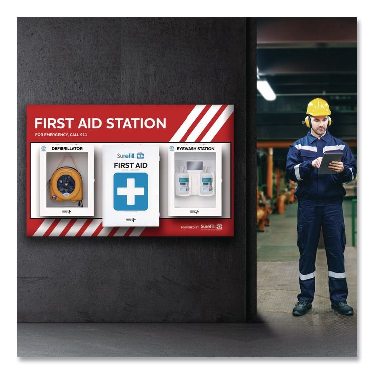 AERO HEALTHCARE First Aid Station - First Aid, Eyewash, AED 360P, 4 Pieces, Metal Case (AOHSFFASP2)