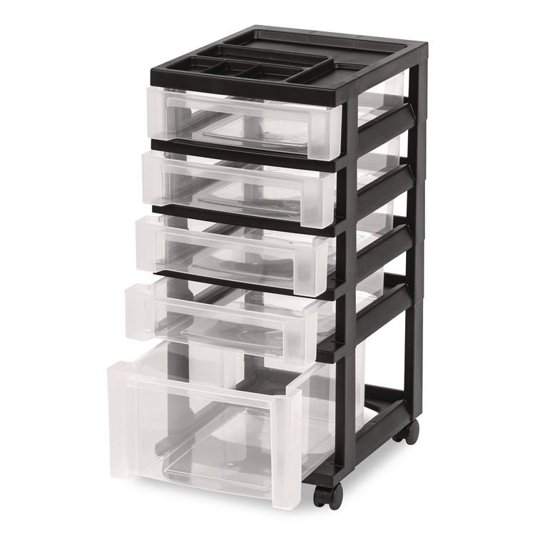 IRIS USA, Five-Drawer Rolling Cart with Organizer Top, Plastic, 12.13 x 14.38 x 26.38, Clear/Black (IRS270015116865)