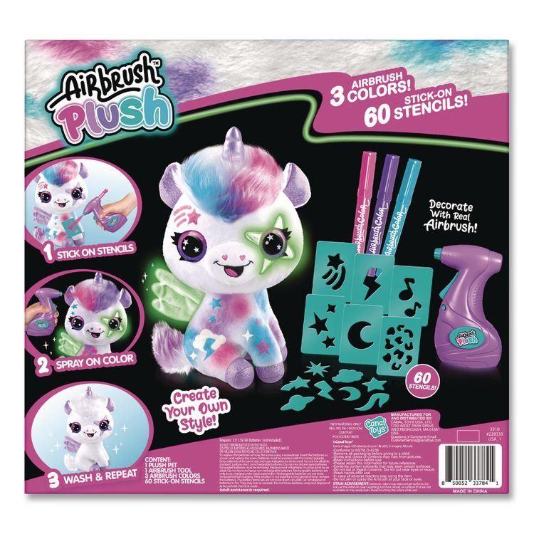 CANAL TOYS Airbrush Plush Glow-in-the-Dark Unicorn with Airbrush Tool, (3) Washable Ink Tubes and (60) Stick-On Stencils, Ages 6 and Up (LTP2283308)