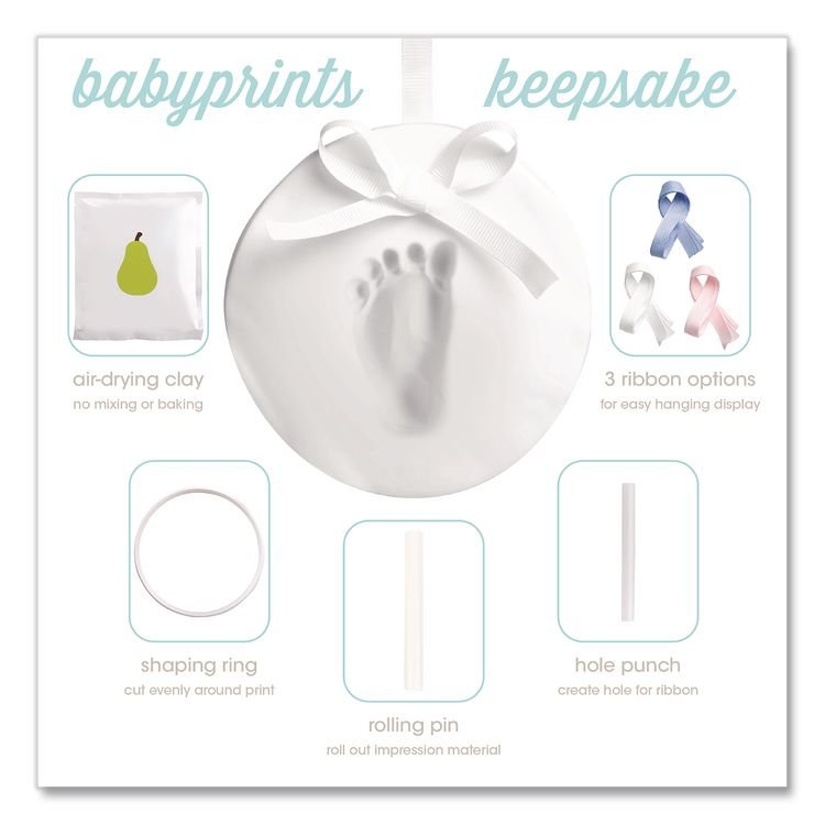 PEARHEAD Babyprints Handprint or Footprint Keepsake Ornament Kit, 100% Baby Safe Impression Material/Shaping Ring/Ribbon/Pin (PEH50020)
