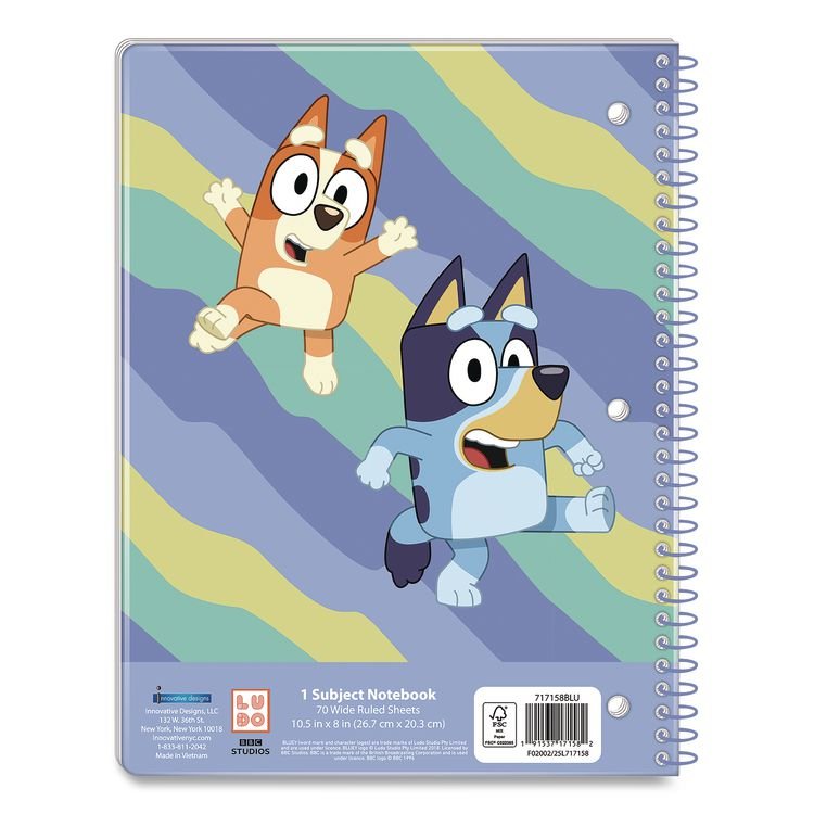 INNOVATIVE DESIGNS LLC Licensed Spiral Notebook, Bluey and Bingo, 1-Subject, Wide/Legal Rule, Multicolor Cover, (70) 10.5 x 8 Sheets (IDI717158BLUSA)