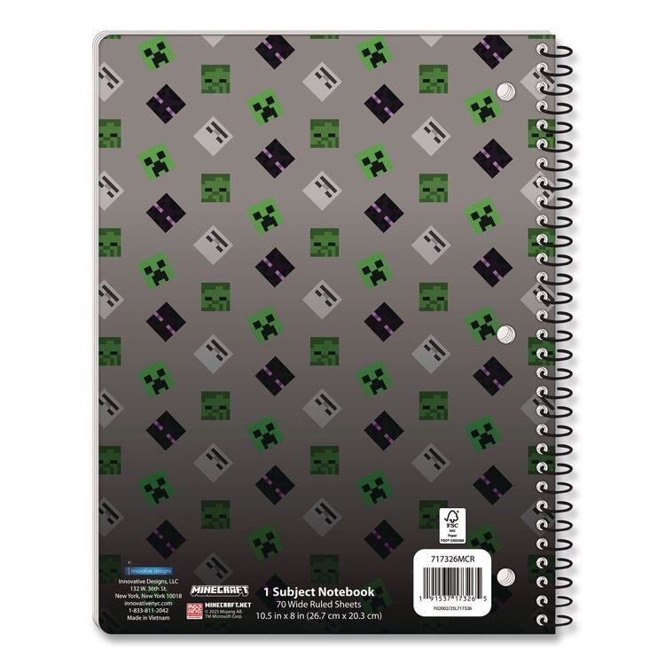 INNOVATIVE DESIGNS LLC Licensed Spiral Notebook, Minecraft, 1-Subject, Wide/Legal Rule, Multicolor Cover, (70) 10.5 x 8 Sheets (IDI717326MCRSA)