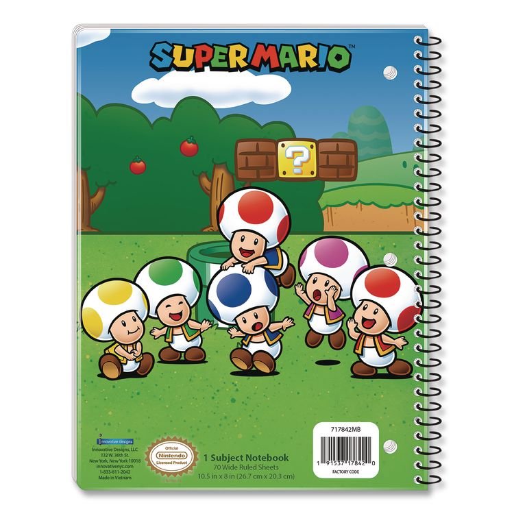 INNOVATIVE DESIGNS LLC Licensed Spiral Notebook, Super Mario, 1-Subject, Wide/Legal Rule, Multicolor Cover, (70) 10.5 x 8 Sheets (IDI717842MBSA)