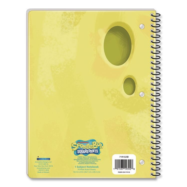 INNOVATIVE DESIGNS LLC Licensed Spiral Notebook, Spongebob, 1-Subject, Wide/Legal Rule, Multicolor Cover, (70) 10.5 x 8 Sheets (IDI719132SBSA)