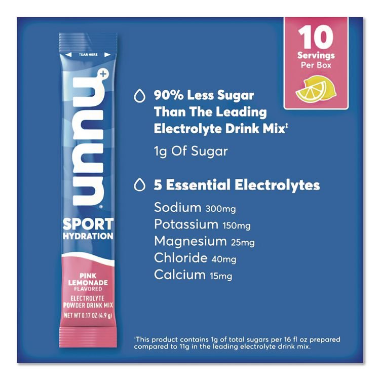 NUUN Sport Hydration Electrolyte Powder Drink Mix, Pink Lemonade, 0.17 oz Stick, 10/Box (NUU02392)