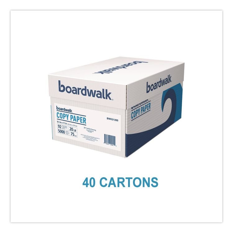 BOARDWALK Copy Paper, 92 Bright, 20 lb Bond Weight, 8.5 x 11, White, 500 Sheets/Ream, 10 Reams/Carton, 40 Cartons/Pallet (BWK21200PLT)