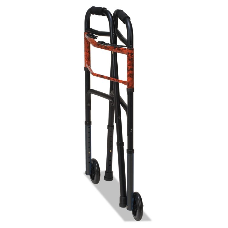 BRIGGS HEALTHCARE Two-Button Release Folding Walker with Wheels, Adjusts 32" to 38", 250 lb Capacity, Black/Copper (BGH80210450200)