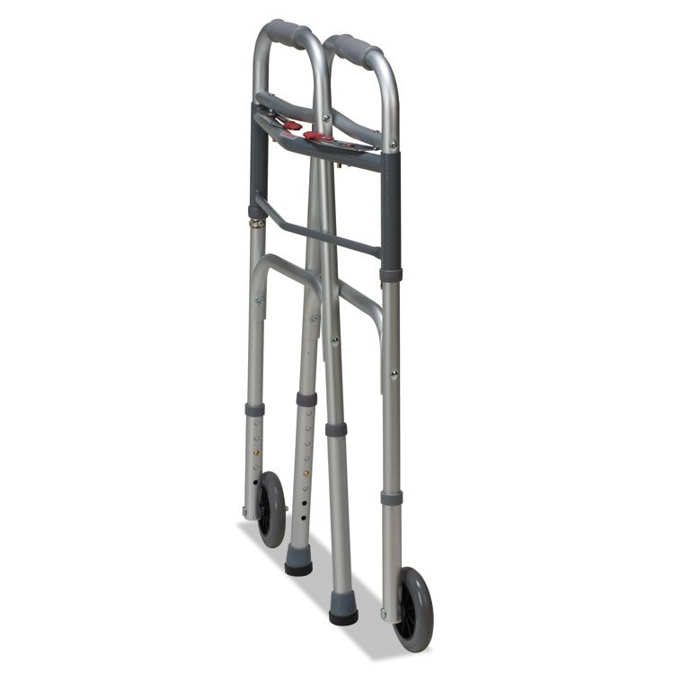 BRIGGS HEALTHCARE Two-Button Release Folding Walker with Wheels, Adjusts 32" to 38", 250 lb Capacity, Silver/Gray (BGH80210450600)