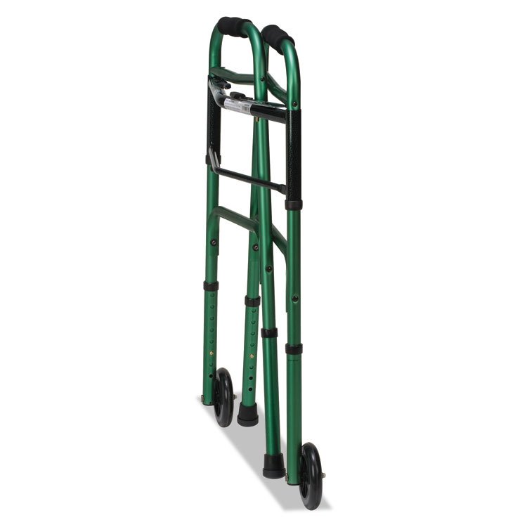 BRIGGS HEALTHCARE Two-Button Release Folding Walker with Wheels, Adjusts 32" to 38", 250 lb Capacity, Green/Green Ice (BGH80210451200)