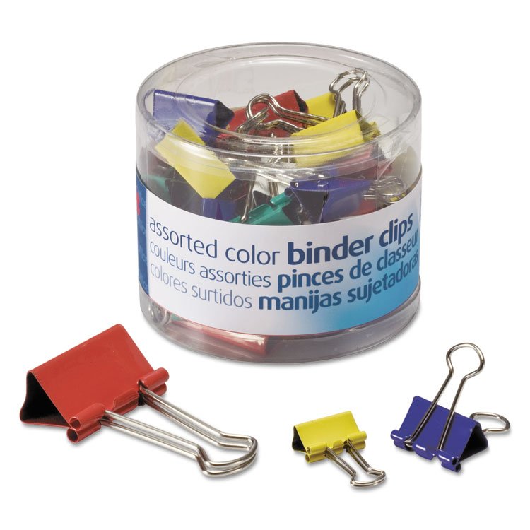 OFFICEMATE INTERNATIONAL CORP. Assorted Binder Clips with Storage Tub, (12) Mini (0.5"), (12) Small (0.75"), (6) Medium (1.25"), Assorted Colors (OIC31026)