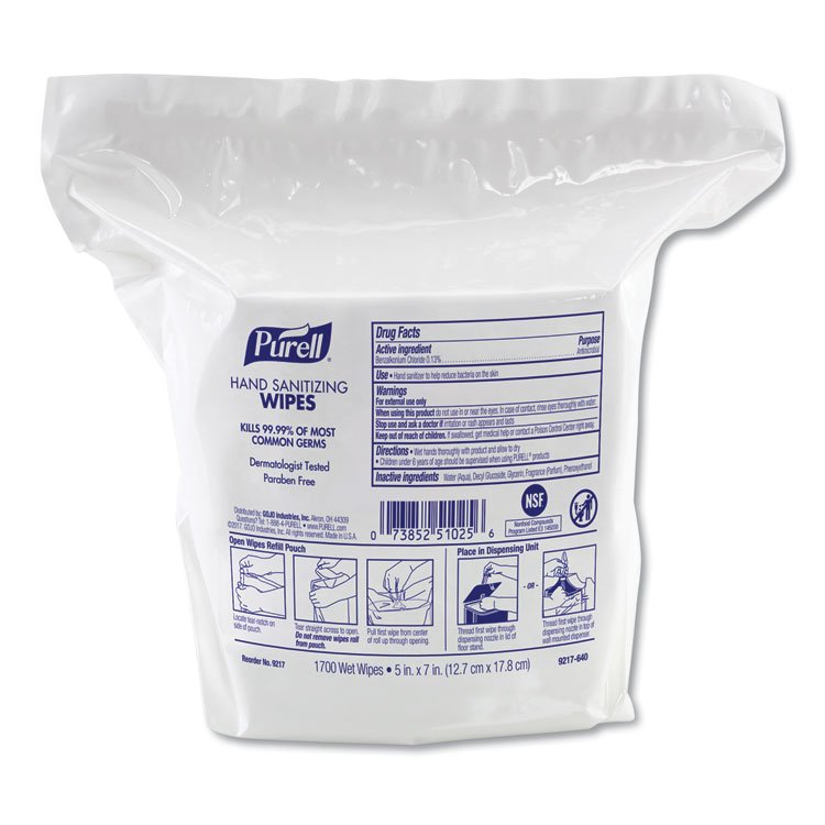 GO-JO INDUSTRIES Hand Sanitizing Wipes, 3-Ply, 8.25 x 14.06, Fresh Citrus Scent, White, 1,700 Wipes/Pouch, 2 Pouches/Carton (GOJ921702)