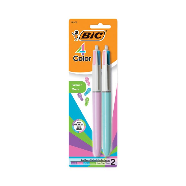 BIC CORP. 4-Color Multi-Color Ballpoint Pen, Retractable, Medium 1 mm, Lime/Pink/Purple/Turquoise Ink, Assorted Barrel Colors, 2/Pack (BICAMP21)