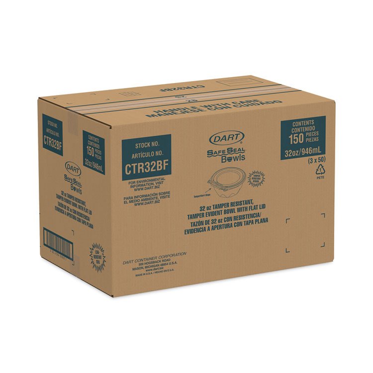 DART SafeSeal Tamper-Resistant, Tamper-Evident Bowls with Flat Lid, 32 oz, 7" Diameter x 3.2" h, Clear, Plastic, 150/Carton (DCCCTR32BF)