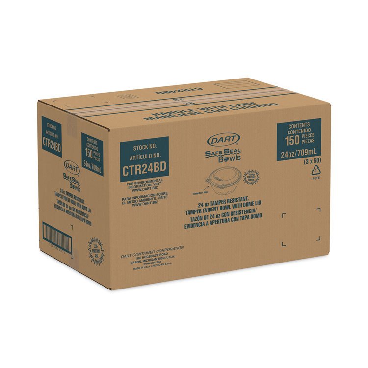 DART SafeSeal Tamper-Resistant, Tamper-Evident Bowls with Dome Lid, 24 oz, 7" Diameter x 3.1" h, Clear, Plastic, 150/Carton (DCCCTR24BD)