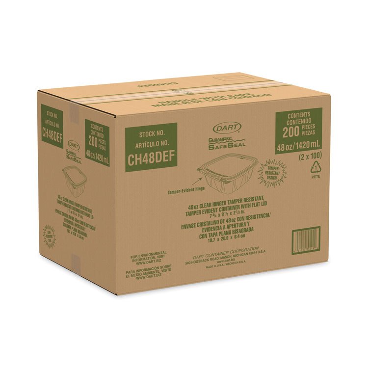 DART ClearPac SafeSeal Tamper-Resistant/Evident Containers, Flat Lid, 48 oz, Clear, Plastic, 100/Bag, 2 Bags/Carton (DCCCH48DEF)