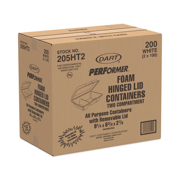 DART Foam Hinged Lid Containers, 6.4 x 9.33 x 2.9, White, 100/Bags, 2 Bags/Carton (DCC205HT2)