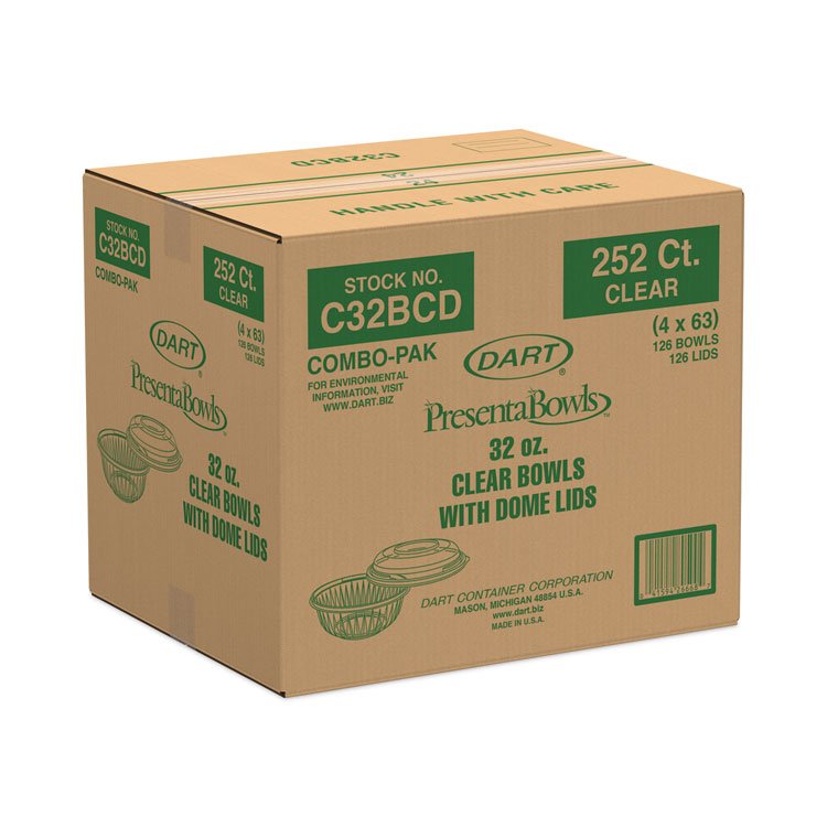 DART PresentaBowls Bowl/Lid Combo-Paks, 32 oz, Clear, Plastic, 63/Pack, 4 Pack/Carton (DCCC32BCD)