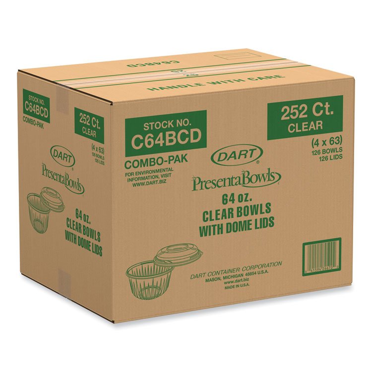 DART PresentaBowls Bowl/Lid Combo-Paks, 64 oz, Clear, Plastic, 126/Carton (DCCC64BCD)