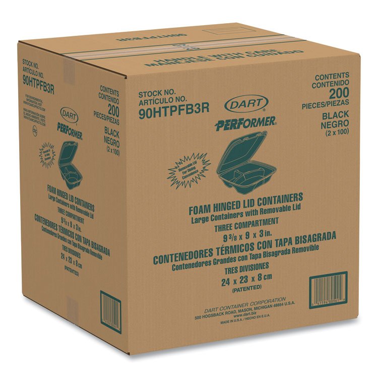 DART Insulated Foam Hinged Lid Containers, 3 Compartments, 9.01" x 9.4" x 3.1", Black, 200/Carton (DCC90HTPFB3R)