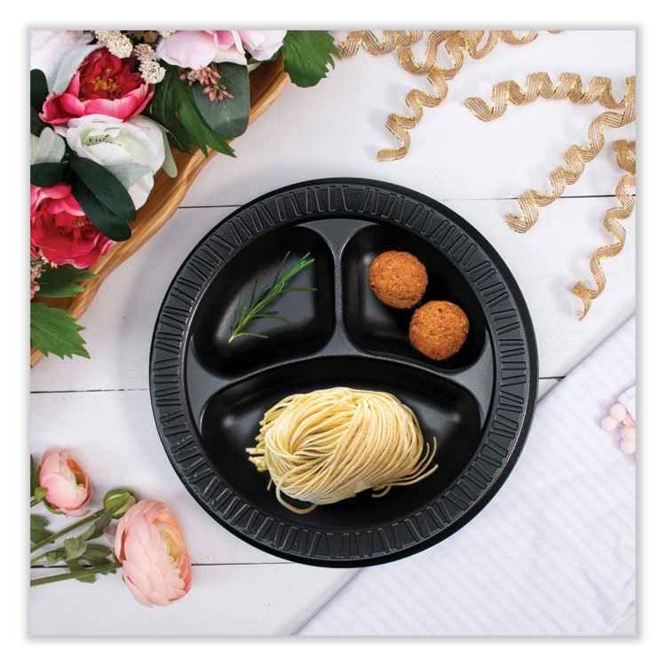 DART Quiet Class Laminated Foam Dinnerware, Plate, 10.25" dia, Black, 125/Pack, 4 Packs/Carton (DCC10CPBQ)