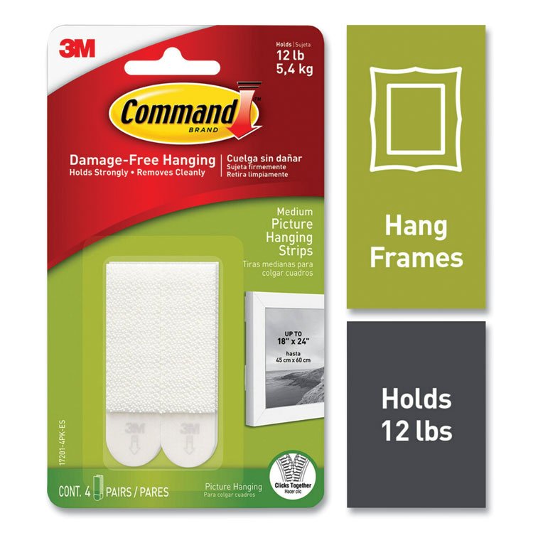 3M/COMMERCIAL TAPE DIV. Damage-Free Hanging Picture Hanging Strip Pairs, Holds Up to 2.5 lb, Medium: 0.75" x 2.75", 4/Pack (MMM70006903648)
