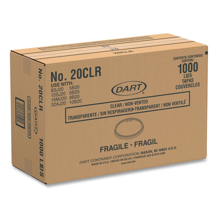 DART Plastic Lids for Foam Cups, Bowls and Containers, Flat, Not Vented, Fits 6 oz to 32 oz, Clear, 100/Sleeve, 10 Sleeves/Carton (DCC20CLR)