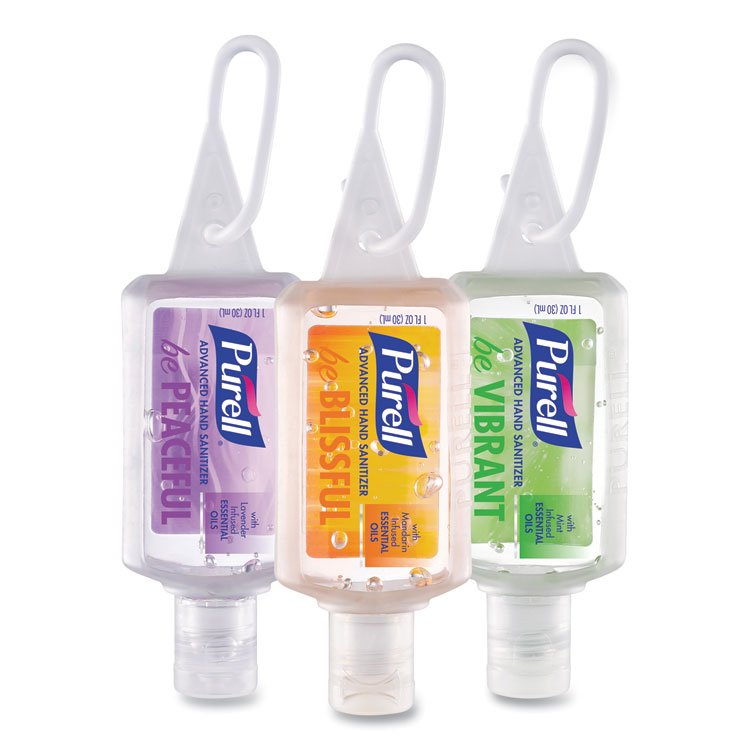 GO-JO INDUSTRIES Advanced Hand Sanitizer Gel Infused with Essential Oils, 1 oz Flip Cap Bottle with Display Bowl, Assorted Scents, 25/Carton (GOJ390025CMRME)