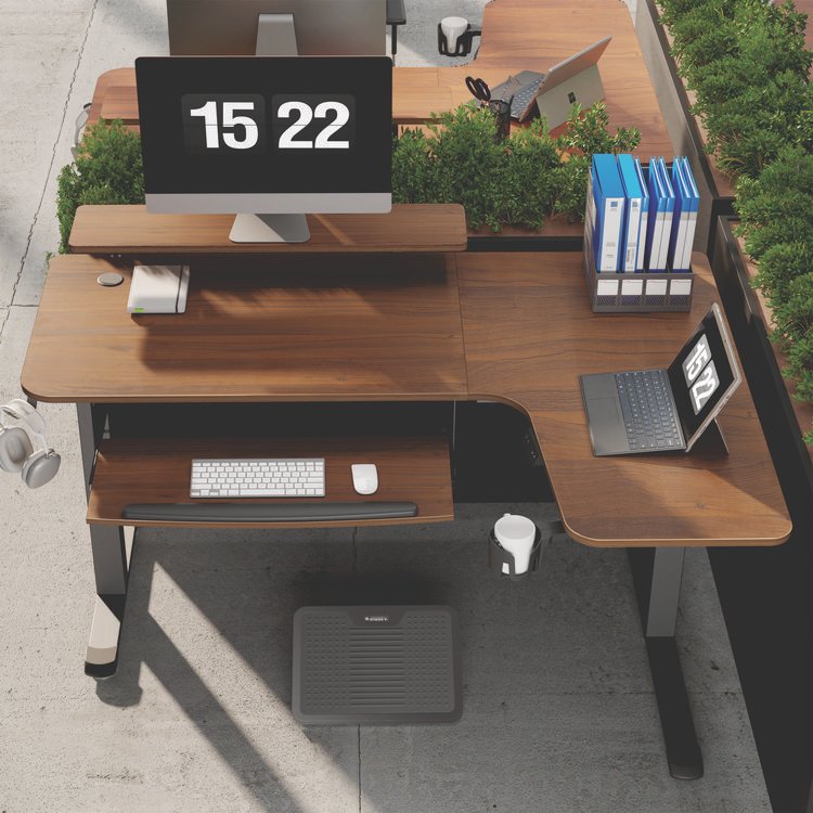 EUREKA ERGONOMIC L-Shaped Standing Desk with Keyboard Tray, Right Desk, 61.25" x 43.25" x 34.38" to 52.88", Walnut/Black (EKAL60RWN)